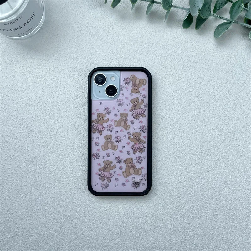 Wildflower Ins Cute Cartoon Phone Case for iPhone Leopard Print Cherry Pink Cat Brown 13 Pro 14 Pro 15 Pro WF Strawberries case