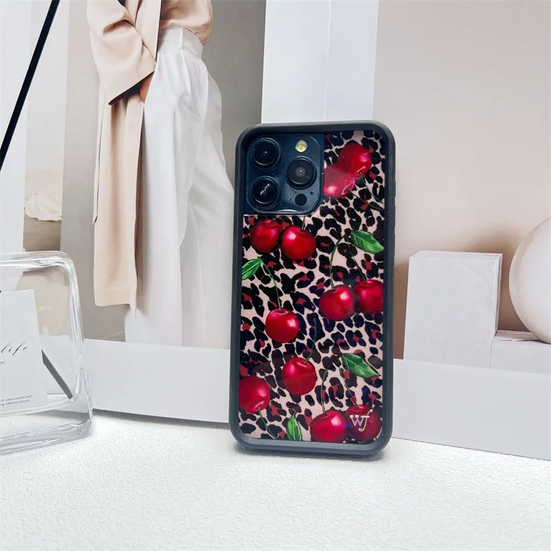 Wildflower Ins Cute Cartoon Phone Case for iPhone Leopard Print Cherry Pink Cat Brown 13 Pro 14 Pro 15 Pro WF Strawberry Case