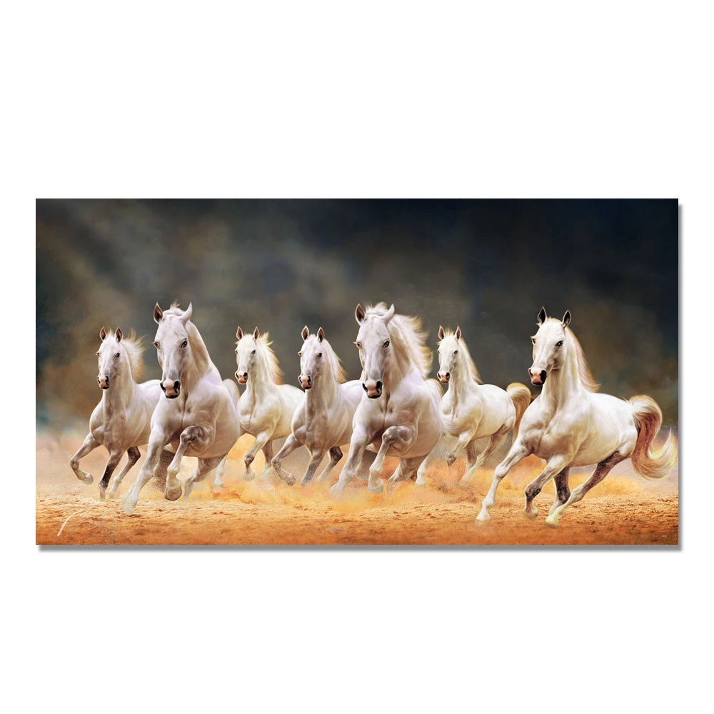 7 White Running Horses Canvas Painting Animal Posters and Prints Wall Art Picture
