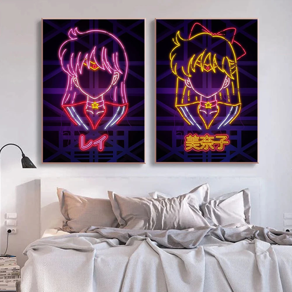 A2 A3 A4 Japanese Anime Neon Poster Sailor Moon Prints Canvas Painting Gamer Character Wall Art Pictures Girls Room Home Decor