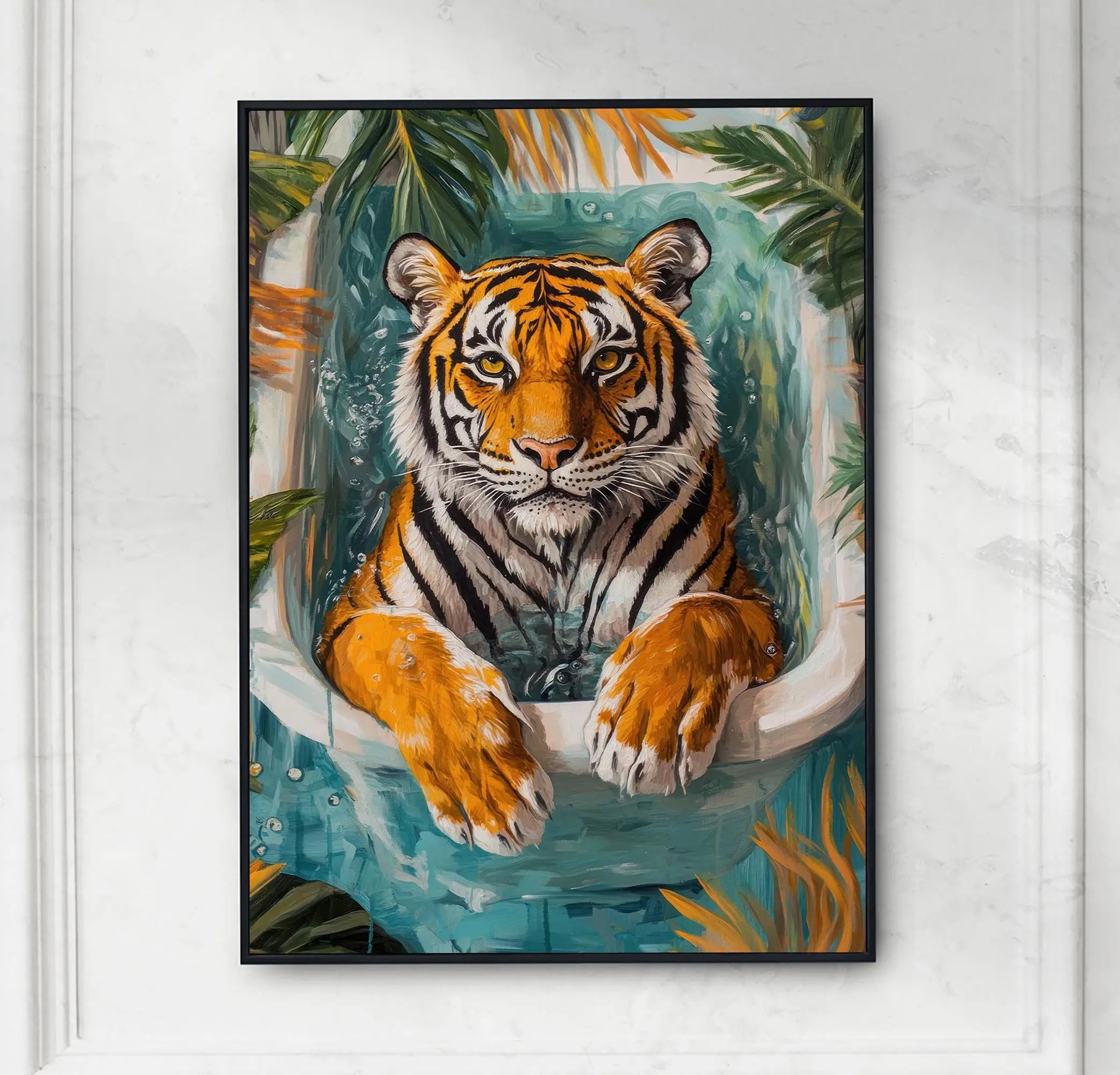 Relaxing Animal on Pool Float Summer Tropical Poster Lion Tiger Cat Canvas Painting Wall Art Fun Bathroom Living Room Home Decor