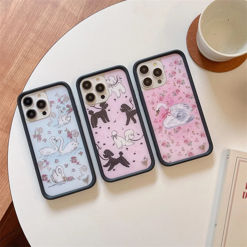 Wildflower 3D Sweet Swan Lake Phone Case for iPhone 16 15 14 13 12 Pro Max Plus 16pro 15pro Ins Puppy WF Cute Cartoon Cover