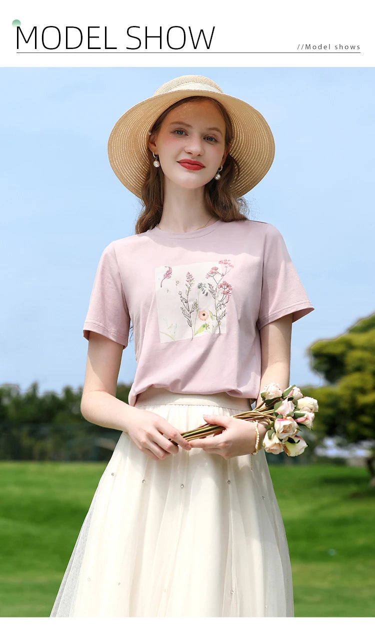 I BELIEVE YOU Women's Pink Top Heat Transfer Pattern Embroidery Round Neck Short Sleeve New Style Summer Chic T-Shirt 2252016049