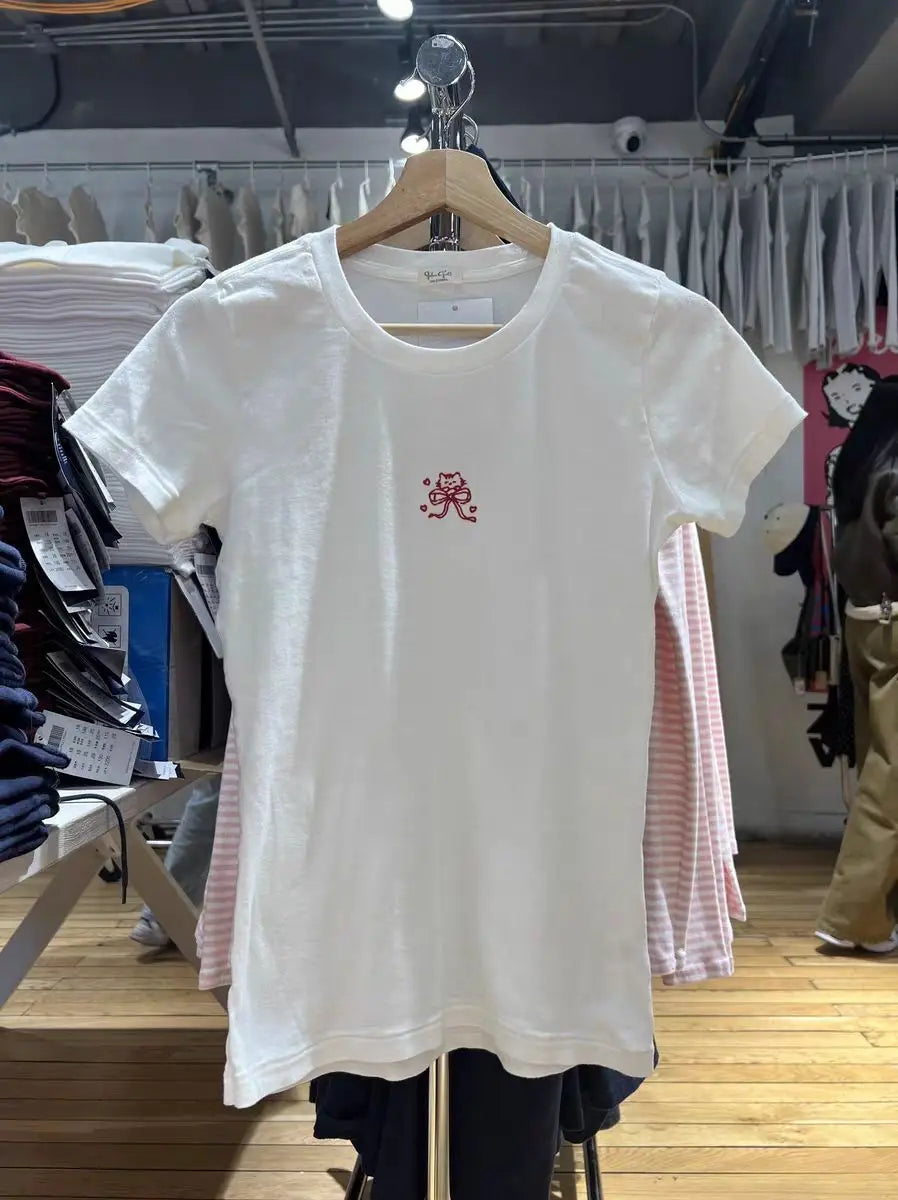 Cat with Bow Embroidery Slim T-shirt Woman Summer O-neck Short Sleeve Cotton Tee Shirt Female New Sweet Cartoon Tshirt Y2k Tops