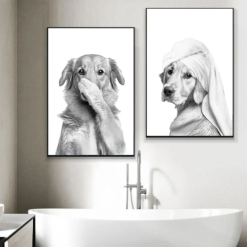 Funny Canvas Poster Cat Giraffe Dog Elephant Toilet Paper Bathtub Funny Bathroom Poster Wall Art Shower Room Home Decoration