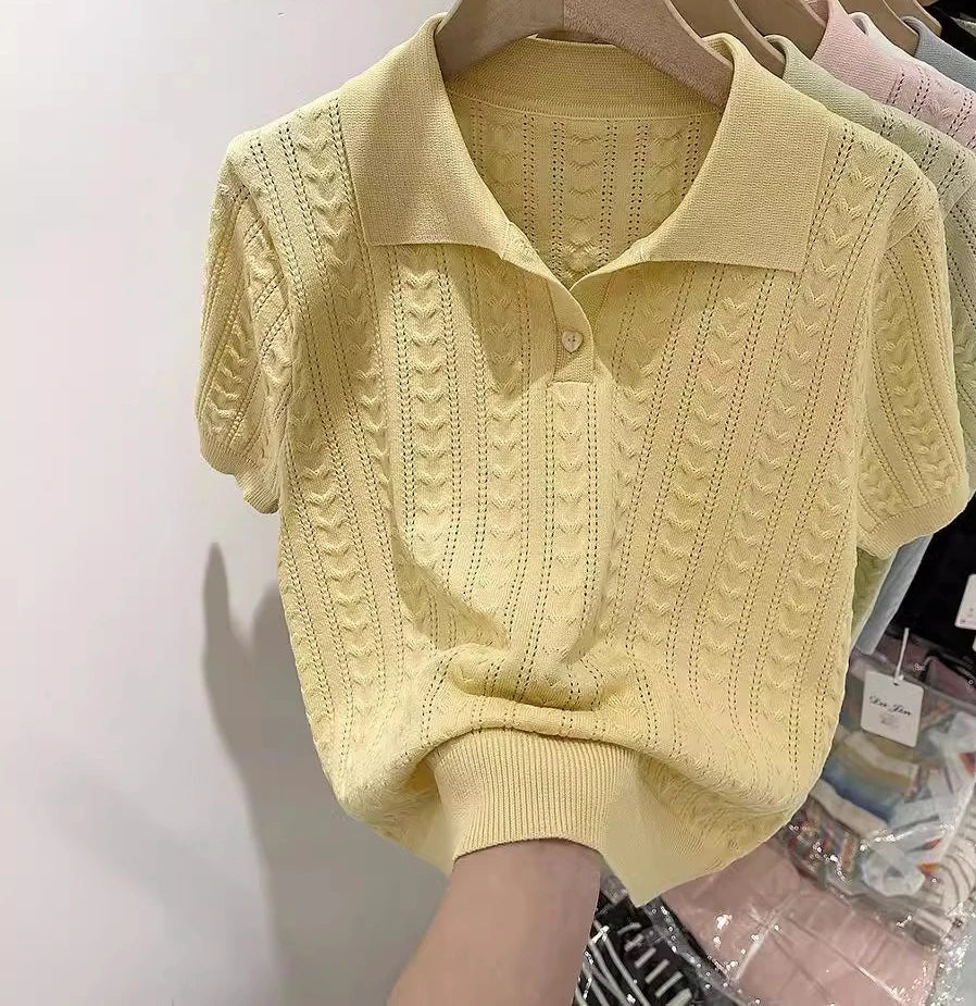 Summer Soft and Sticky POLO Collar Ice Silk Knitted Sweater for Women with A Niche Short Sleeved Design and Thin Top