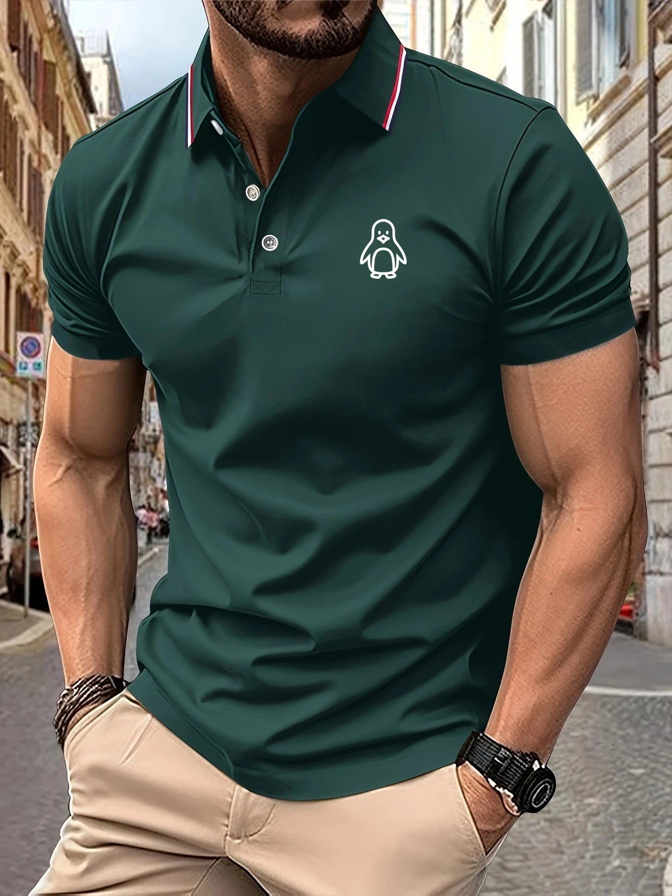 2025 New Men's Polo Shirt Penguin Print Summer Lapel Stripes Men Short Sleeve Casual Breathable Light Luxury Cool T-Shirt