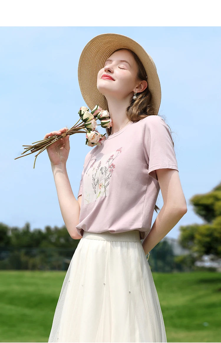 I BELIEVE YOU Women's Pink Top Heat Transfer Pattern Embroidery Round Neck Short Sleeve New Style Summer Chic T-Shirt 2252016049