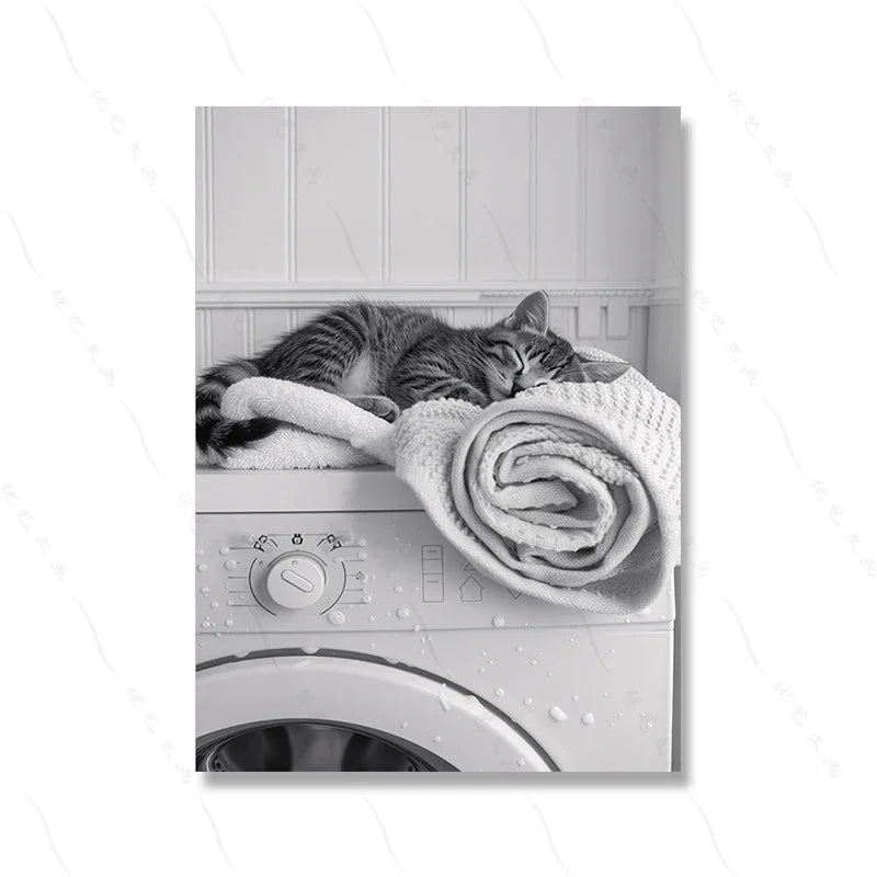 Cute Giraffe Penguin Tiger in Washing Machine Poster Laundry Room Decor Picture Funny Laundry Wall Art Utility Room Print Canvas
