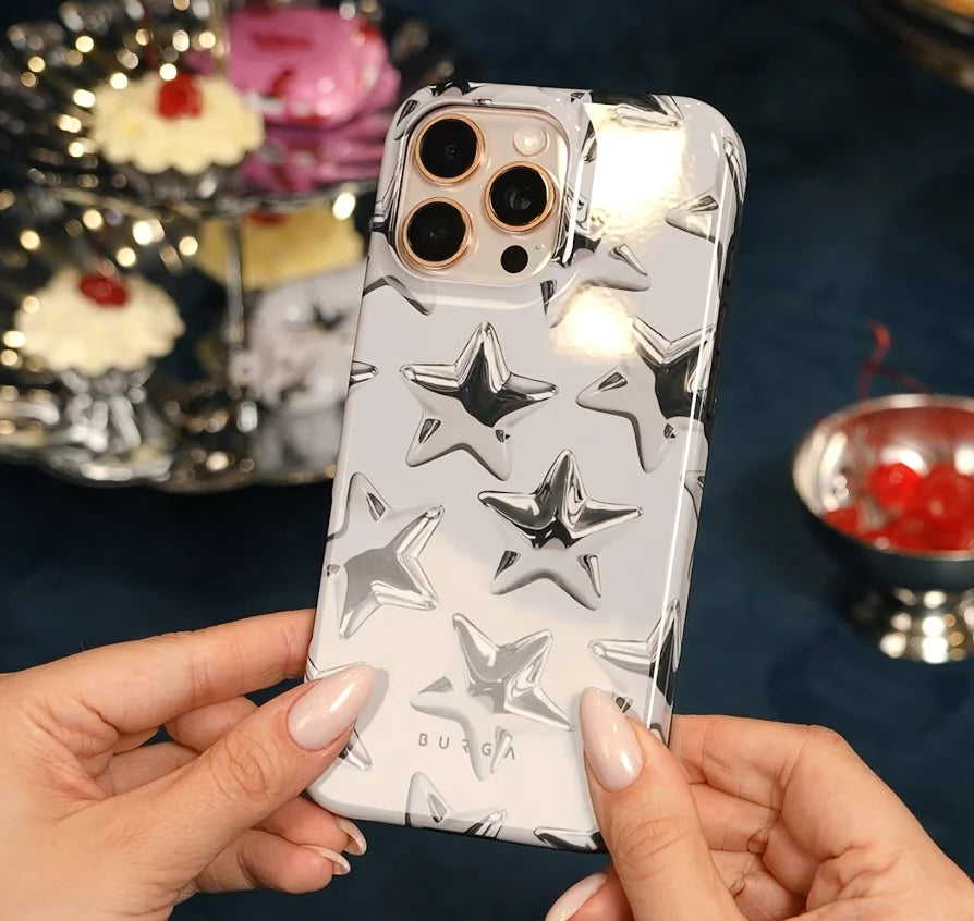 Silver Stars BURGA Phone Case for iPhone 16 15 14 13 12 11 X XS XR XSMAX 7 8 Pro Max Plus Luxury Double-layer Back Cover