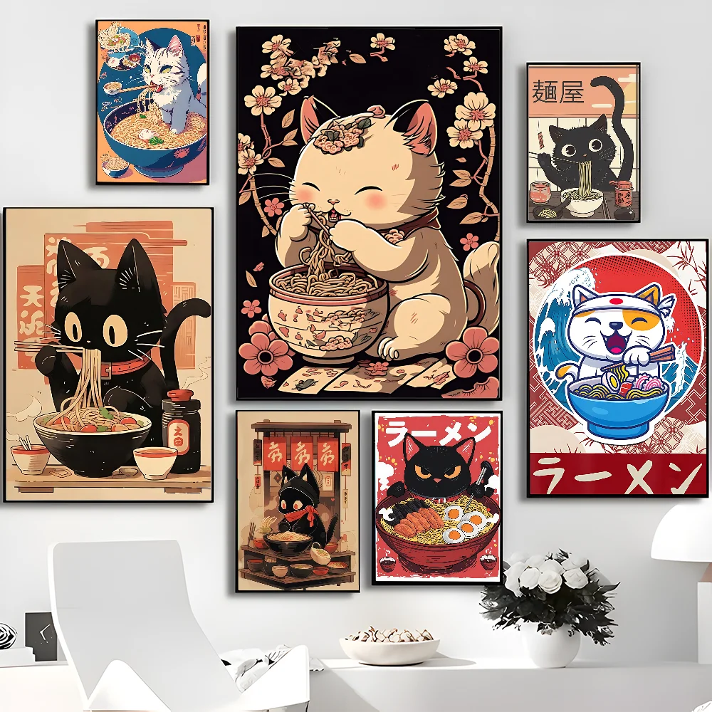 Hot Style Ramen Animal Cat Anime Posters Sticky Whitepaper Sticker DIY Room Bar Cafe Kawaii Room Decor