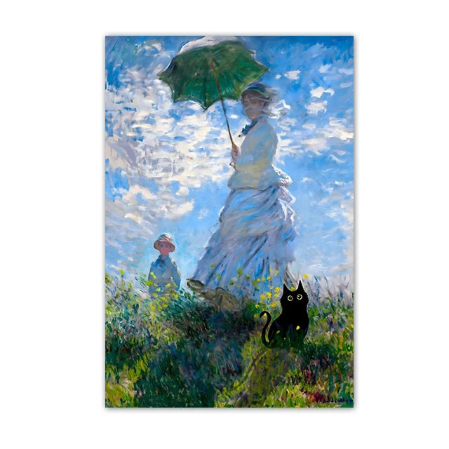 Funny Black Cat Wall Art Van Gogh Starry Night Poster Abstract Famous Reproduction Canvas Painting Aesthetic Room Home Decor