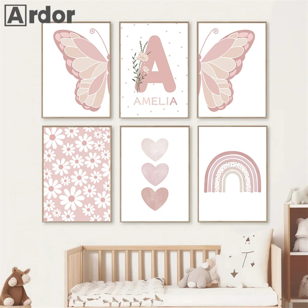 Pink Heart Nursery Poster Sun Daisy Butterfly Rainbow Wall Art Canvas Painting Personalized Name Print Pictures Girl Room Decor