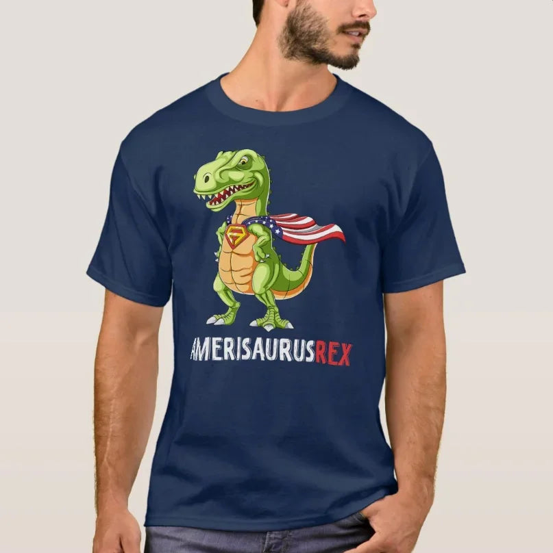Dinosaur 4th of July Amerisaurus T Rex T-Shirt 100% Cotton O-Neck Summer Short Sleeve Casual Mens T-shirt Size S-3XL