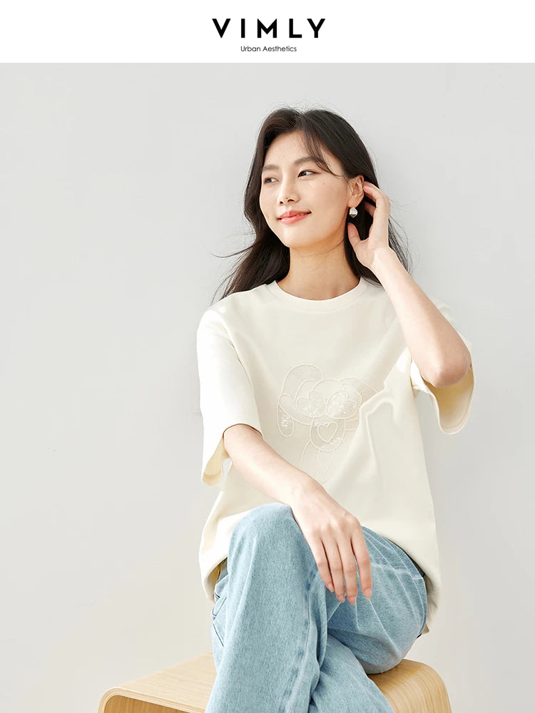 Vimly Summer Short Sleeve Women's T-shirt Simple Round Neck Straight Loose Casual Embroidery Cotton Top Basic Tees M5617