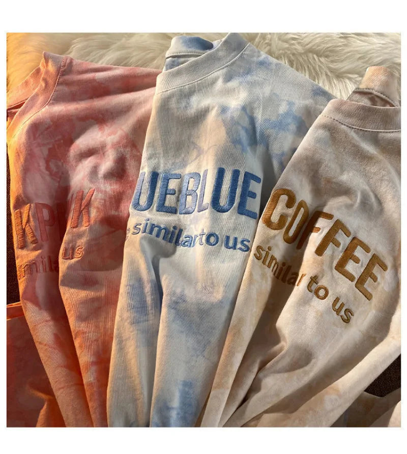 Tie-dye Embroidery Letter Short Sleeve Top Korean Popular Trendy Female T-shirt Summer New 2024 Fashion Y2K Tops