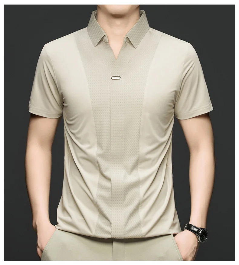 Personality jacquard splicing short sleeve Polo shirt men ice silk breathable high quality fashionable buttonless V-neck T-shirt
