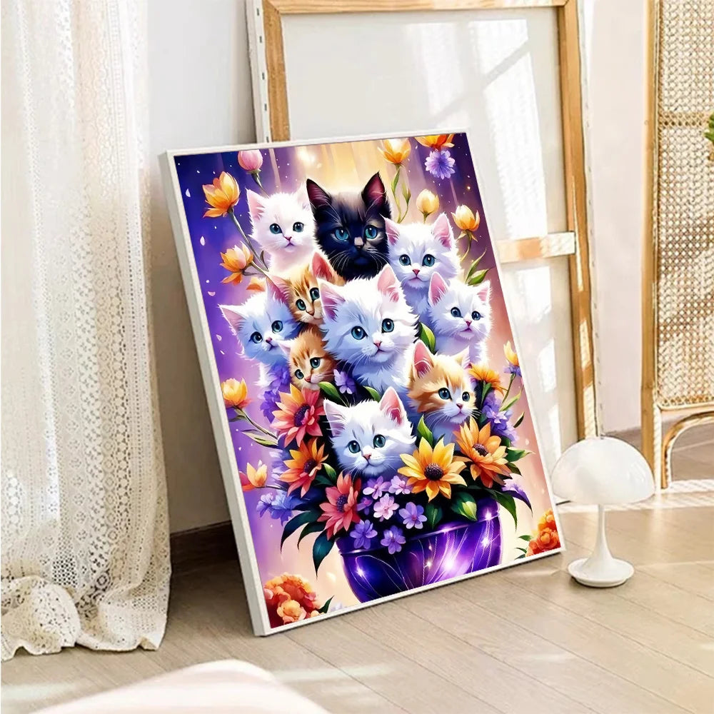 HUACAN Full Square Round Diamond Mosaic Cat Embroidery Picture Rhinestones Animal Painting Flower New Arrival Handmade Gift