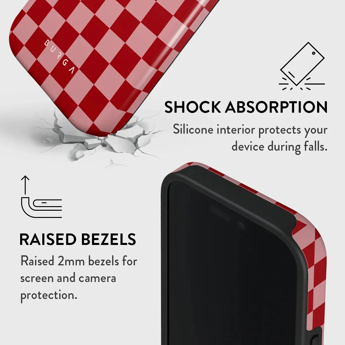 Red Plaid BURGA Phone Case for iPhone 16 15 14 13 12 11 X XS XR XSMAX 7 8 Pro Max Plus Luxury Double-layer Back Cover