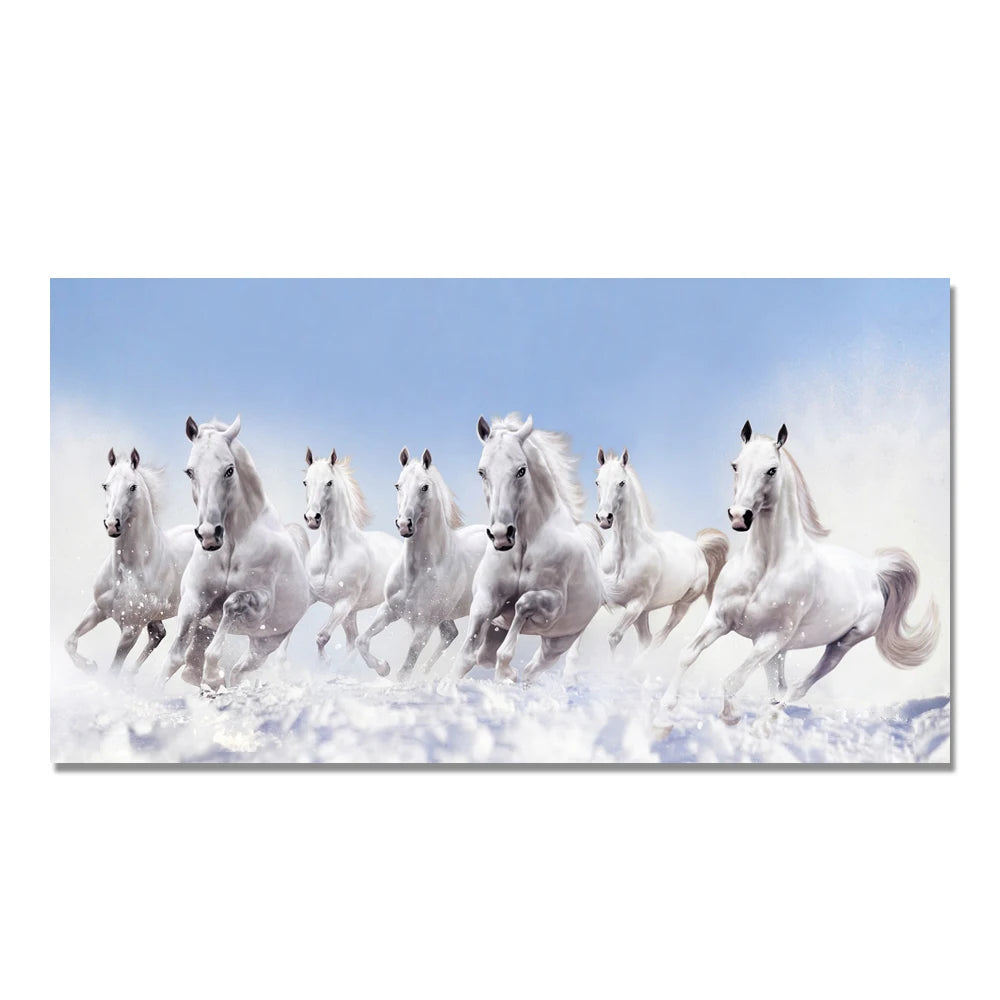 7 White Running Horses Canvas Painting Animal Posters and Prints Wall Art Picture