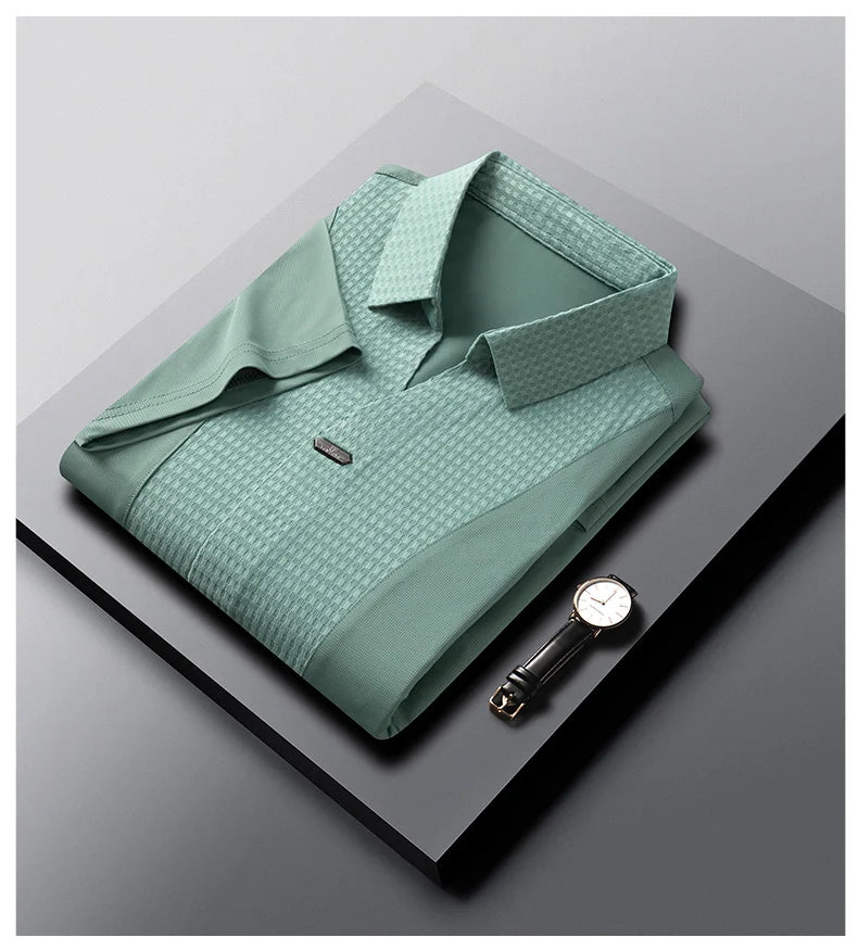 Personality jacquard splicing short sleeve Polo shirt men ice silk breathable high quality fashionable buttonless V-neck T-shirt