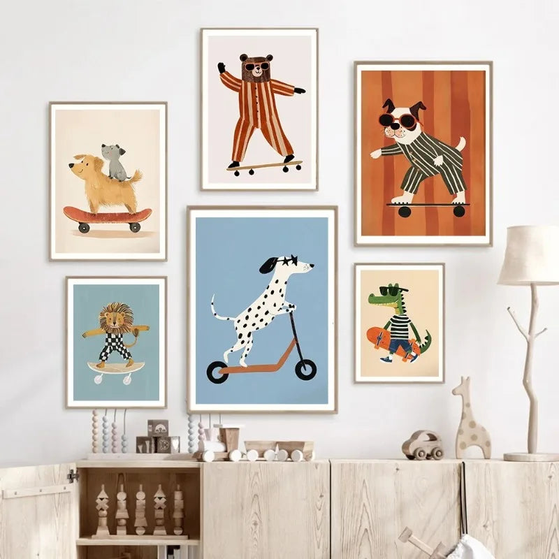 Funny Animals Rabbit Dog Cat Skateboard Posters Prints Wall Art Canvas Neutral Nursery Picture for Baby Kids Room Decor Unframed