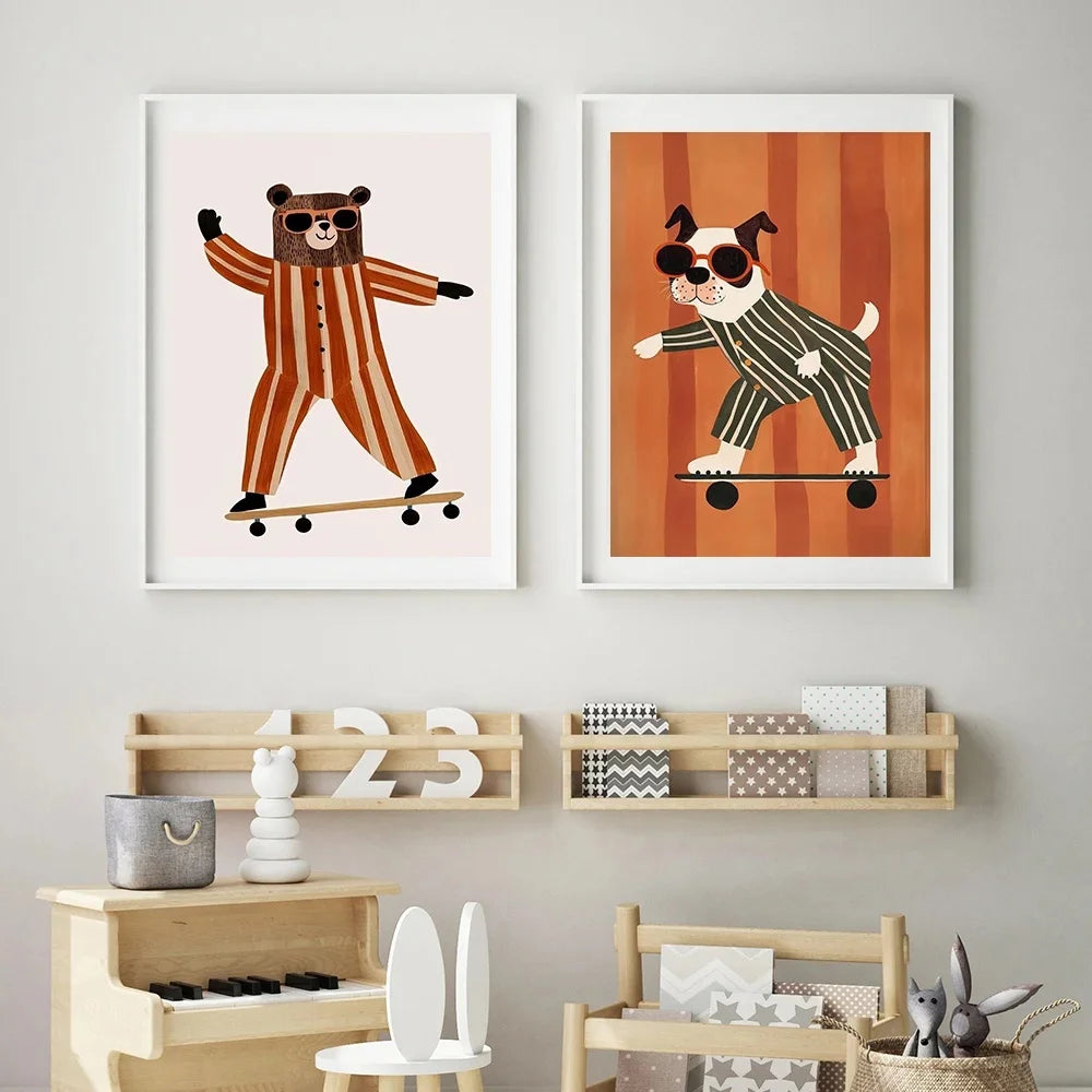 Funny Animals Rabbit Dog Cat Skateboard Posters Prints Wall Art Canvas Neutral Nursery Picture for Baby Kids Room Decor Unframed