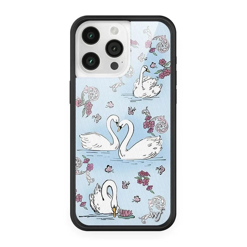 Wildflower 3D Black Swan Phone Case for iPhone 12 13 14 15 16 Pro Max Plus Fashion Sweet-Swan Lake Soft Edge Back Cover Cases