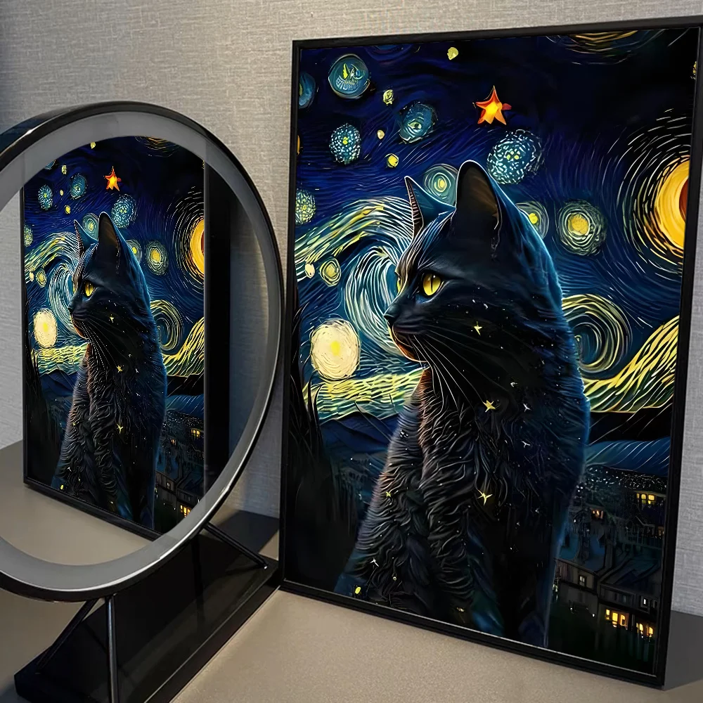Van Gogh The Starry Night Romantic Black Cat WhitePaper Poster Sticker for Living Room Bar Decorants Aesthetic Art Wall Painting