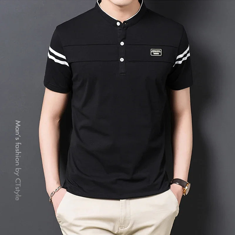 2025 Men's Casual Fashion Solid Color Short Sleeved Polo Shirt Stand Up Collar Versatile Comfortable Top