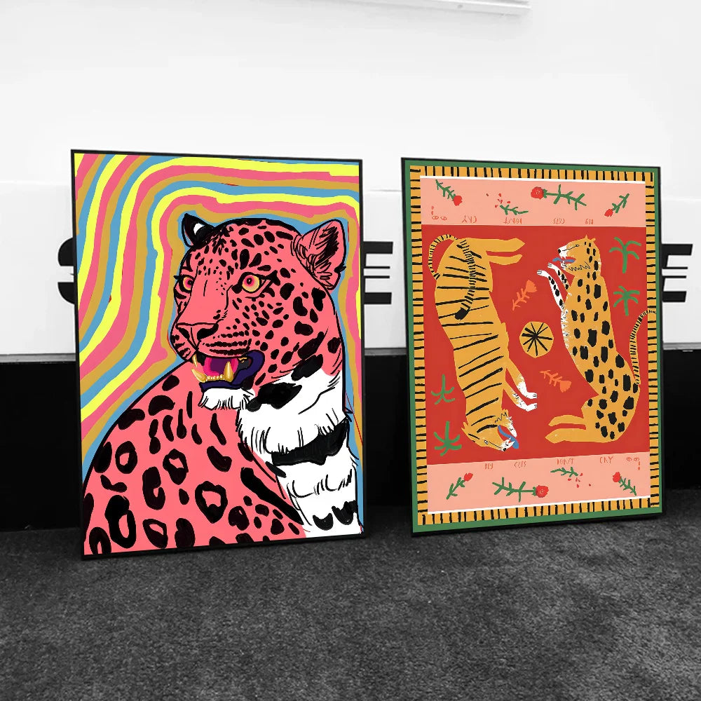 Wild Leopard Tiger Vase Flower Girl Power Poster Self-adhesive Art Waterproof Paper Sticker Coffee House Bar Room Wall Decor