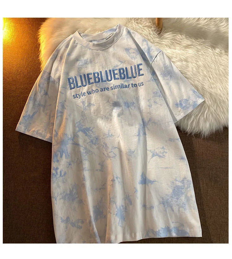 Tie-dye Embroidery Letter Short Sleeve Top Korean Popular Trendy Female T-shirt Summer New 2024 Fashion Y2K Tops