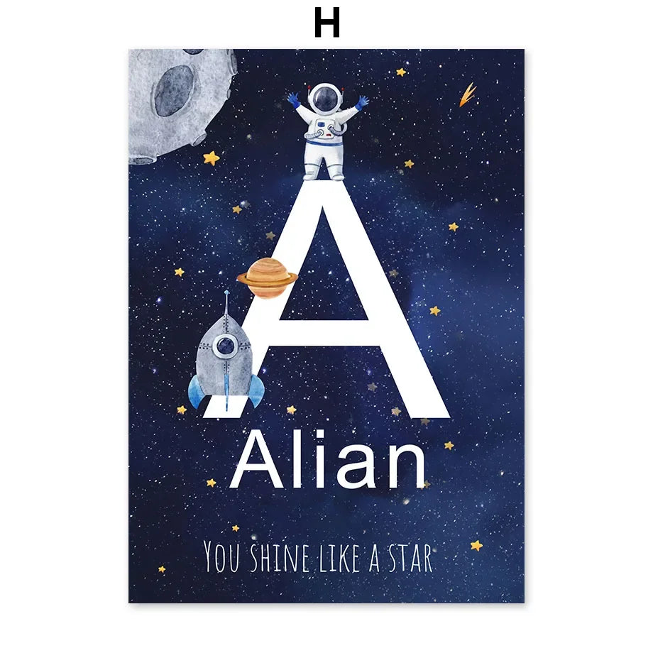 Custom Name Kids Room Decorative Wall Art Prints Space Astronaut Interior Poster Baby Canvas Decoration Wall Pictures Home Decor