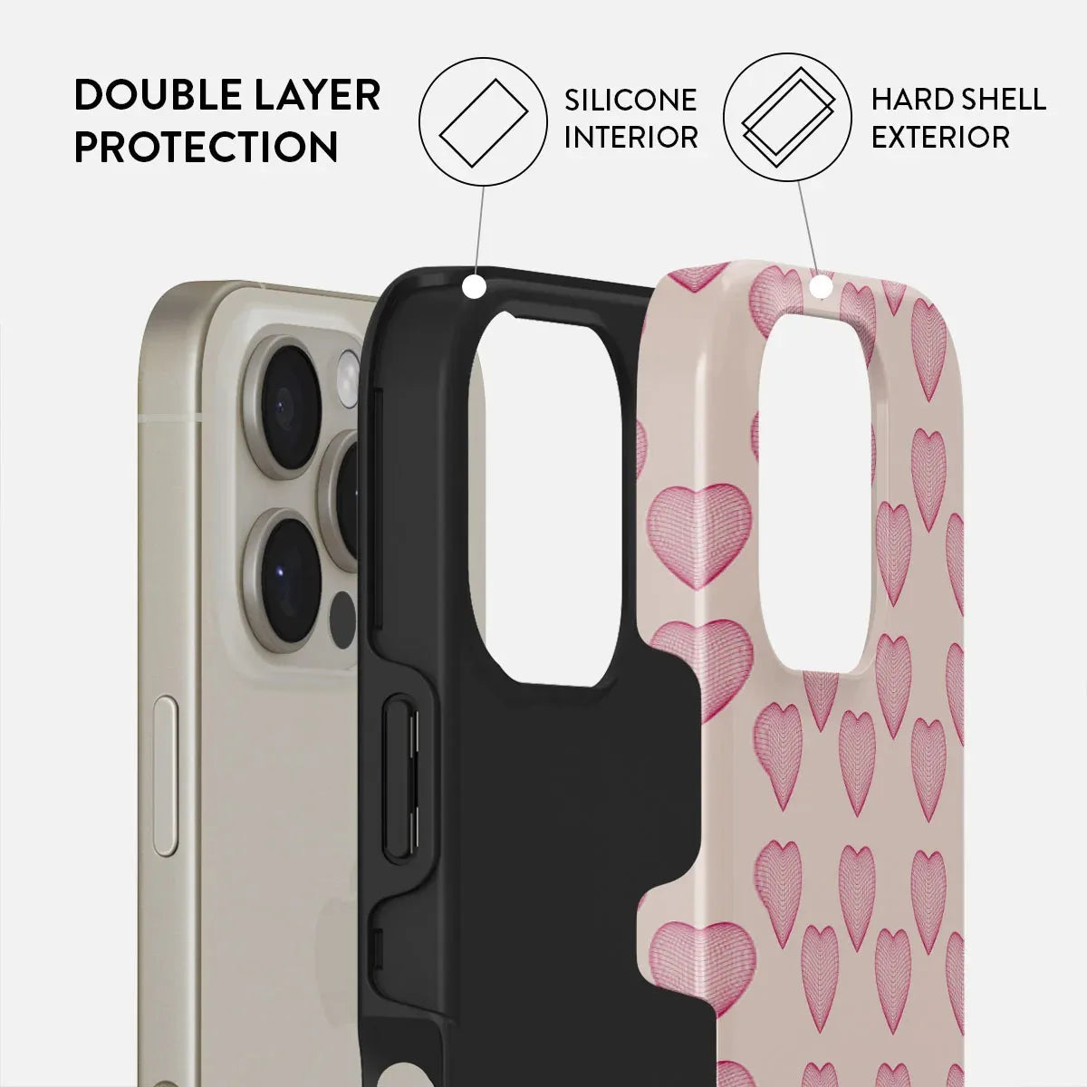 BURGA Pink Love Heart Phone Case for IPhone 16 15 14 13 12 11 Pro Max Plus Luxury Double-layer Back Cover