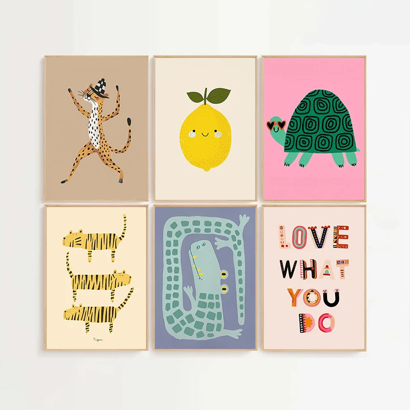 Cute Cartoon Colorful Animal Poster Children's Room Field Nursery Kindergarten Decoration Canvas Home Wall Art