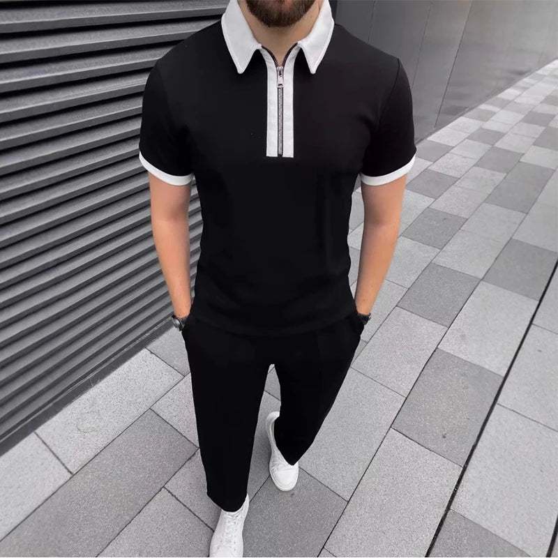 Daily Casual Mens Short Sleeve Outfits Spring Summer Leisure Zipper Lapel Polo Shirt And Pants Two Piece Sets Men Vintage Suits