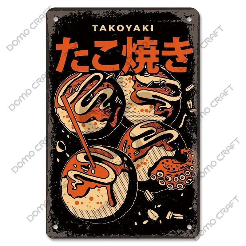 Retro Japanese Cartoon Comics Poster Metal Plate Takoyaki Noodles Fish Metal Sign Dining Room Club Wall Decor