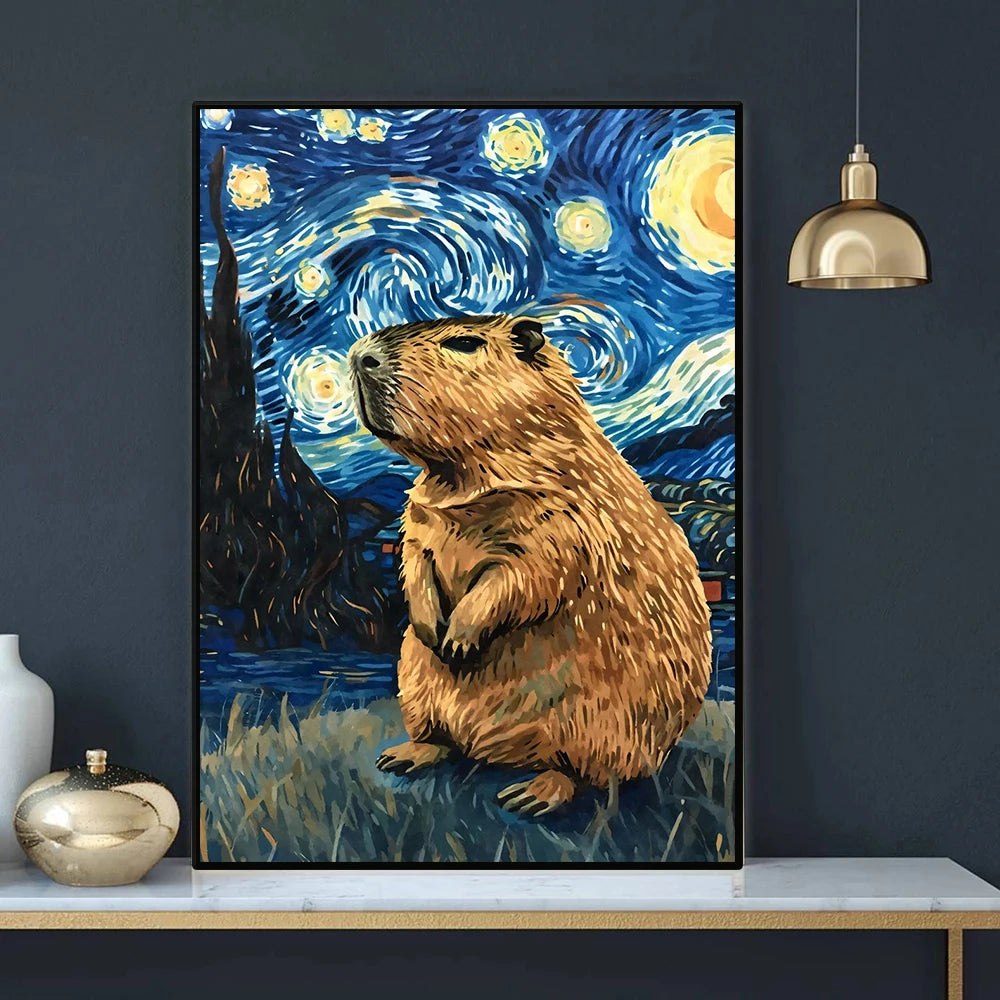 Starry Night Cute Animals Poster Cat Dog Axolotl Platypus Canvas Painting Abstract Wall Art Exhibition Living Room Home Decor