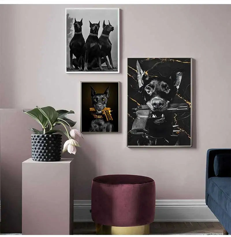 Modern Fashion Black Doberman Dog with Golden Pistol Poster Canvas Painting Luxury Animal Wall Art Picture for Living Room Decor
