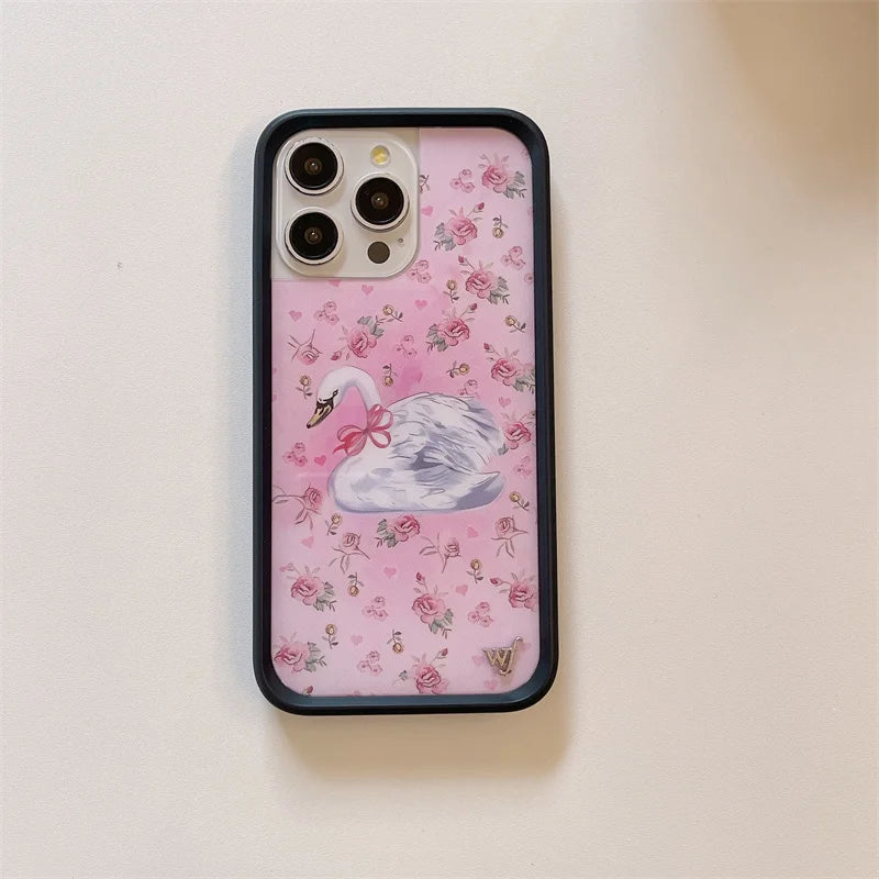 Wildflower 3D Sweet Swan Lake Phone Case for iPhone 16 15 14 13 12 Pro Max Plus 16pro 15pro Ins Puppy WF Cute Cartoon Cover