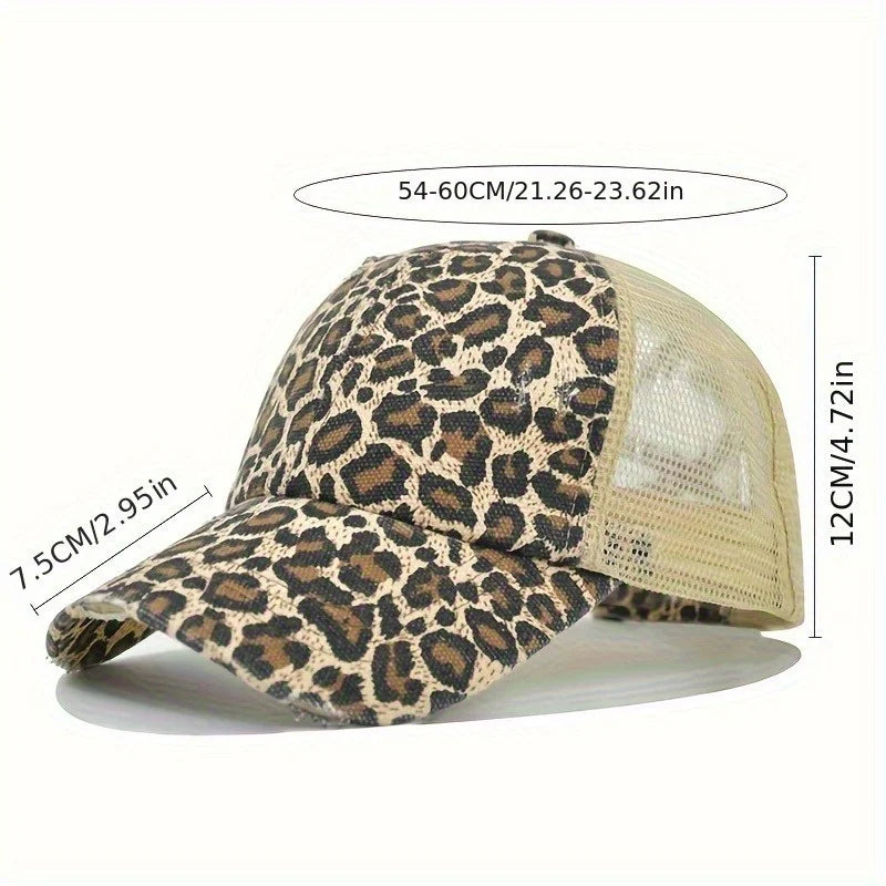 Leopard Print Baseball Cap, Stylish Ponytail Hole, Breathable Mesh Back, Adjustable Trucker Hat for Women - Perfect for Street