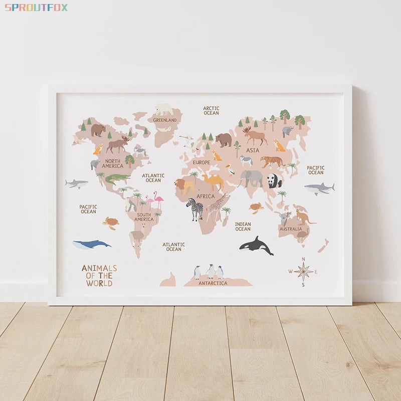 World Map Canvas Painting Pastel Animal Theme Educational Wall Art Nordic Posters and Prints Pictures for Kids Room Decoration