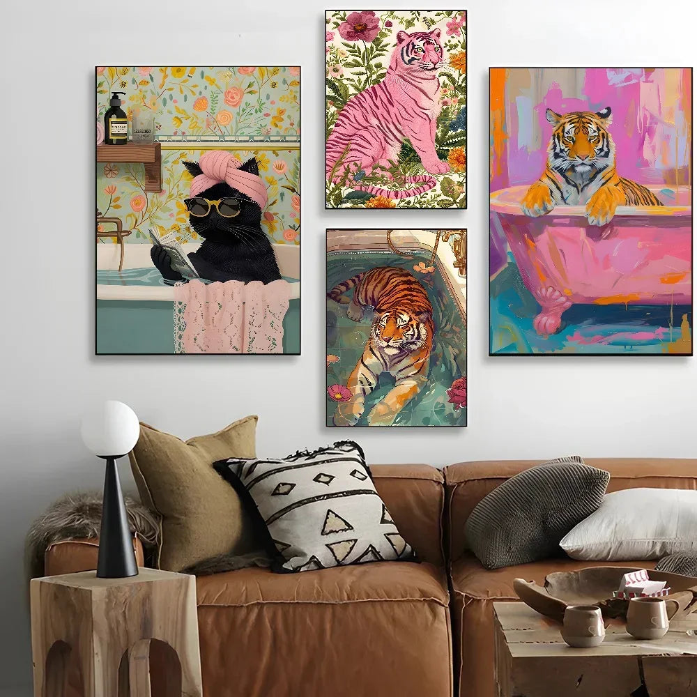 Colorful Bathtub Animal Tiger Zebra Black Cat Aesthetic Poster Paper Print Home Bedroom Entrance Cafe Art Painting Decoration