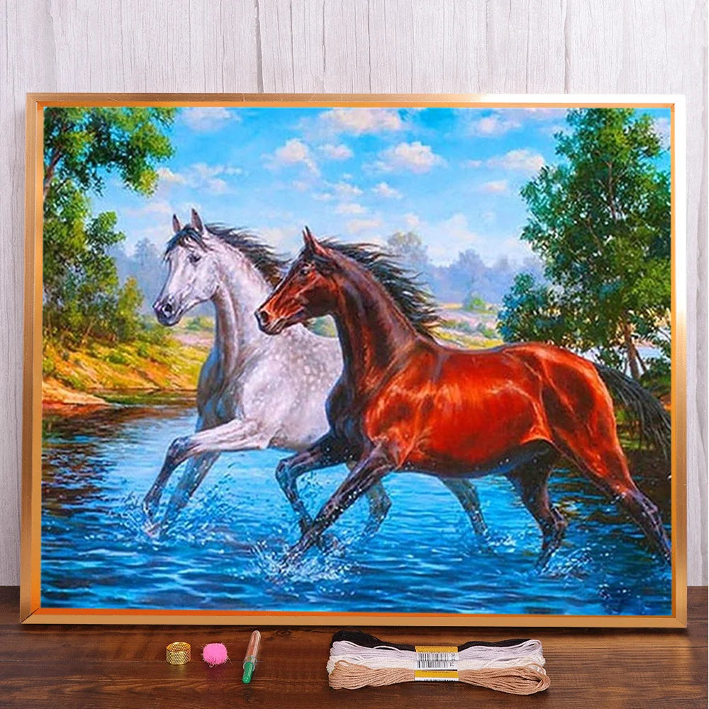 Animal Horse Printed Cross Stitch DIY Embroidery Set DMC Threads Needlework Sewing Handiwork Handicraft Floss Needle Room Decor