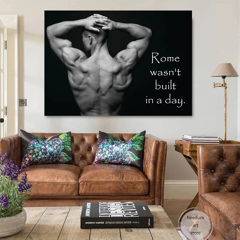 Gym Motivation Muscle Man Bodybuilding Fitness Strength Barbell Art Poster Canvas Painting Wall Print Picture for Home Gym Decor