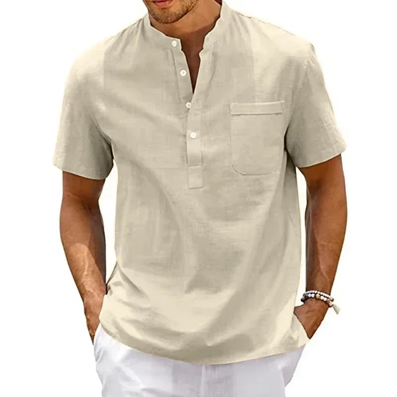 Summer Men's Short Sleeve Cotton Polo Shirts Solid Color Stand Loose Pullover Shirts Thin Soft Breathable Button T-shirt Top