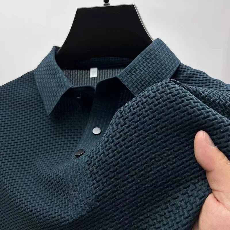 2025 Men's Business Casual Short Sleeved Bone Flower Solid Color POLO Shirt Fashion Breathable Comfortable Summer Versatile Top