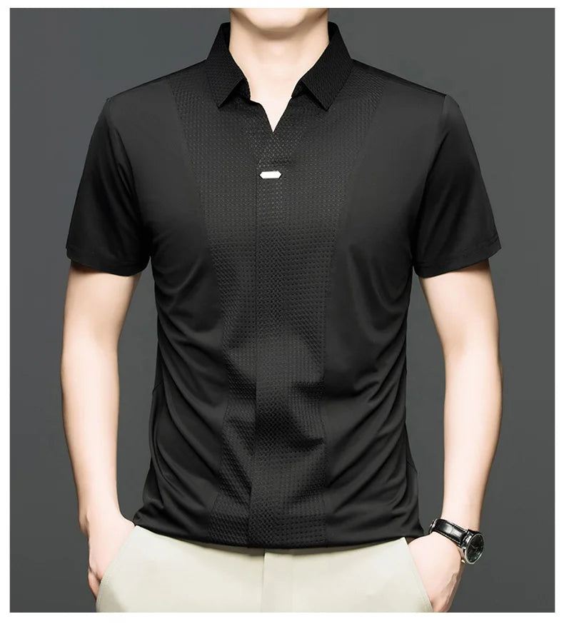 Personality jacquard splicing short sleeve Polo shirt men ice silk breathable high quality fashionable buttonless V-neck T-shirt