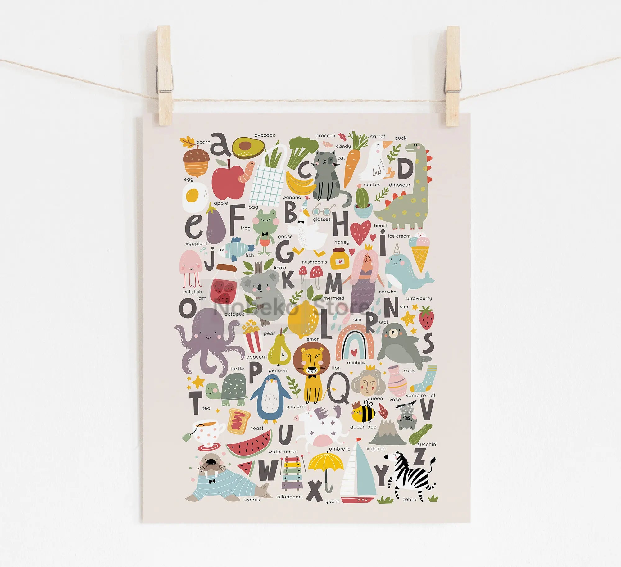 Animal Alphabet Educational Posters Watercolor Animals Prints Canvas Wall Art Pictures Neutral Nursery and Playroom Decoration
