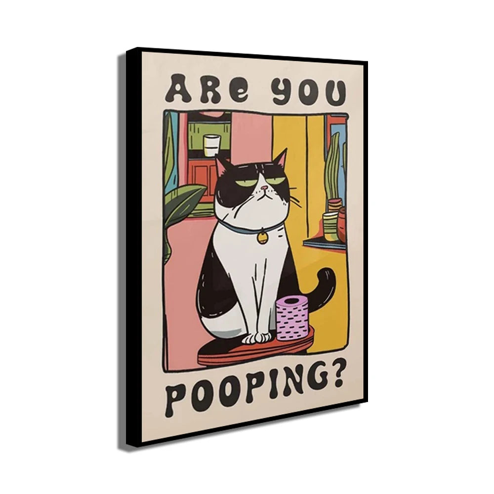 Are You Pooping Canvas Wall Art Print Poster Funny Bathroom Cat Toilet Decor Painting Home Decor Gift Unframed